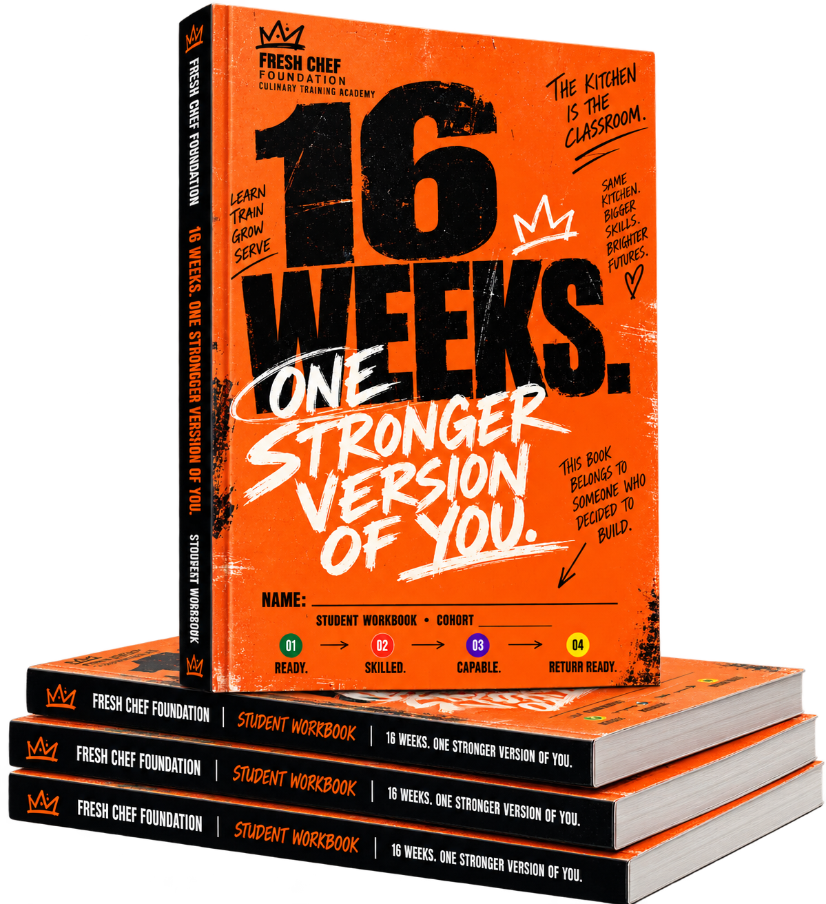 A stack of Fresh Chef Foundation Student Workbooks with one standing upright — 16 Weeks. One Stronger Version of You.